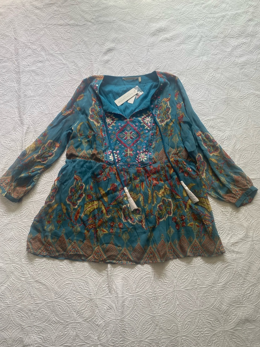 Soft Surroundings Teal Embroidered Boho Tunic